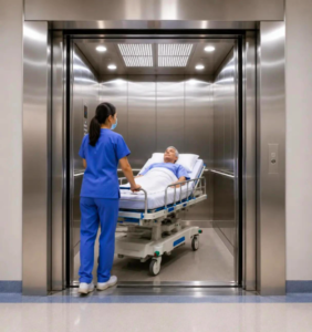 Hospital elevator designed for safe stretcher and patient movement